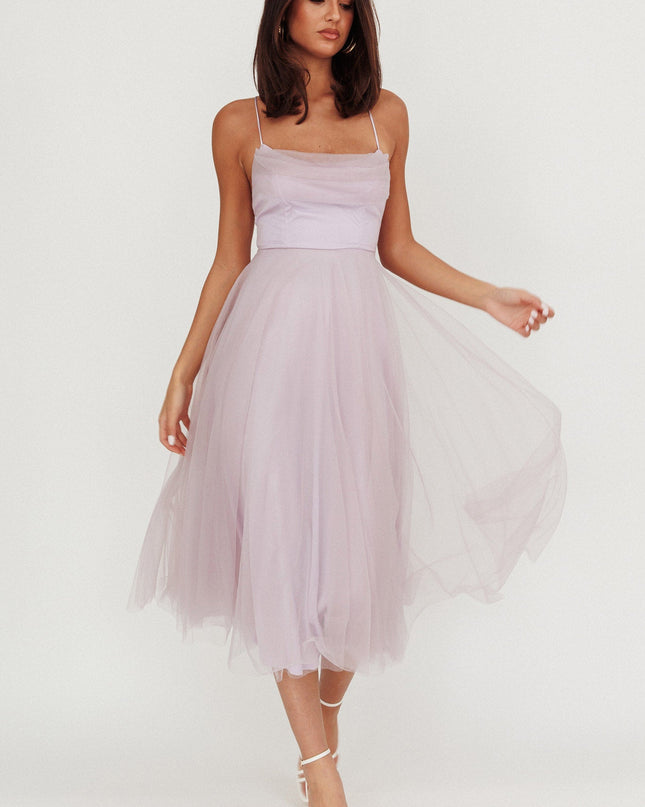 Lilac Pleated Neckline Mesh Midi Dress
