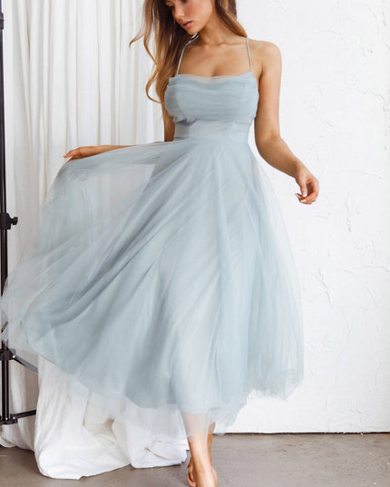Sage Pleated Neckline Mesh Midi Dress
