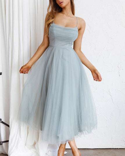 Sage Pleated Neckline Mesh Midi Dress