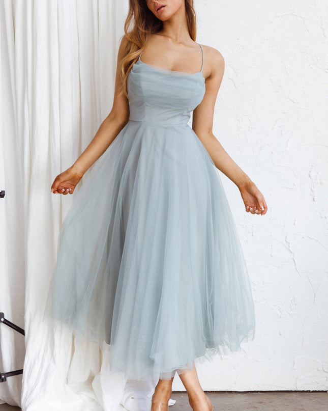 Sage Pleated Neckline Mesh Midi Dress