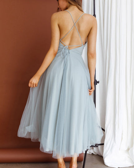 Sage Pleated Neckline Mesh Midi Dress