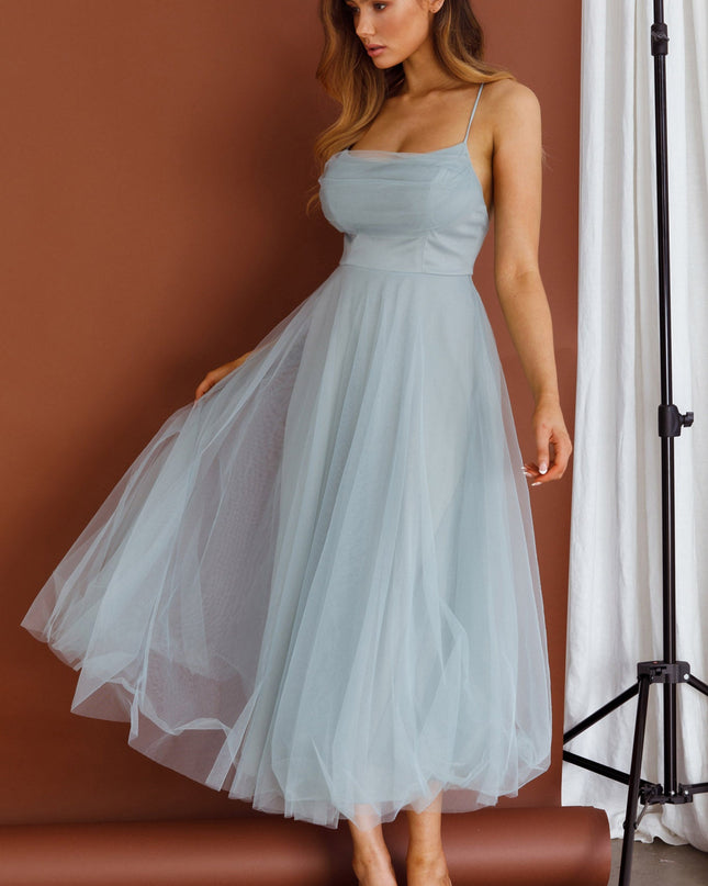 Sage Pleated Neckline Mesh Midi Dress