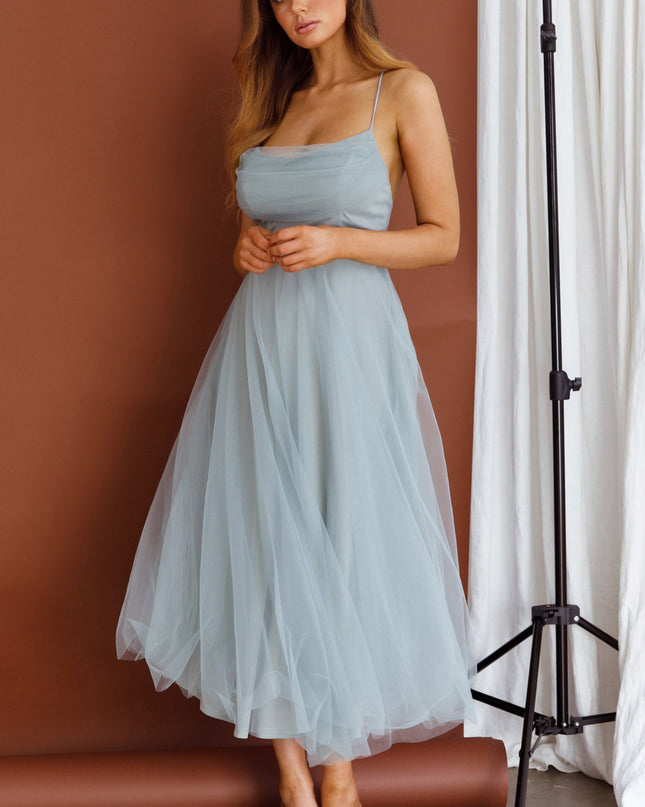 Sage Pleated Neckline Mesh Midi Dress