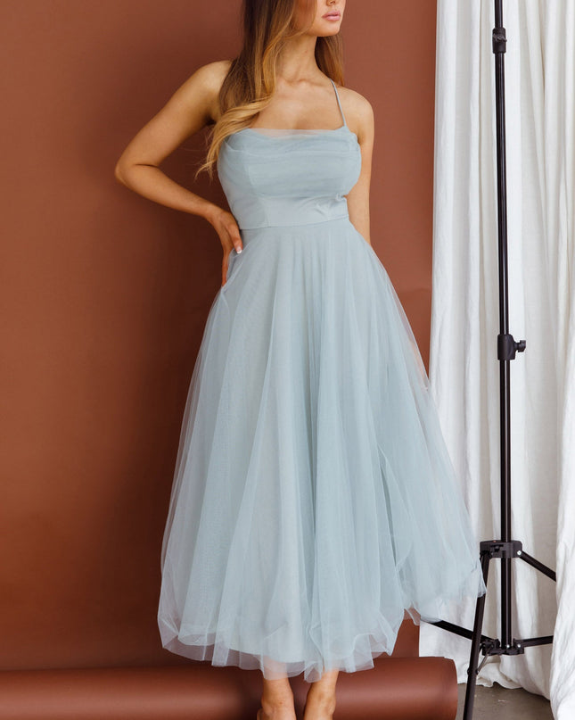 Sage Pleated Neckline Mesh Midi Dress