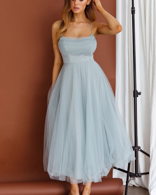 Sage Pleated Neckline Mesh Midi Dress