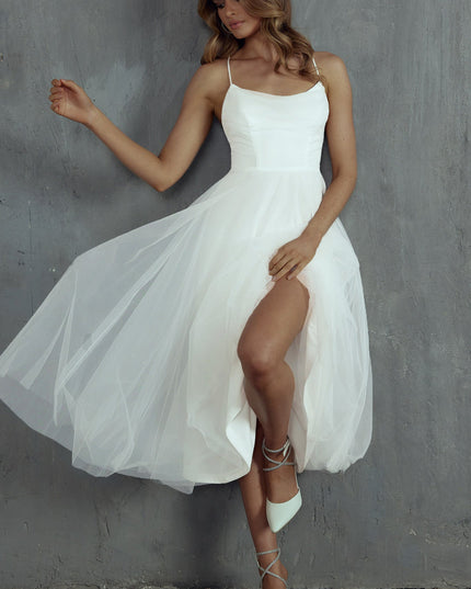 White Pleated Neckline Mesh Midi Dress