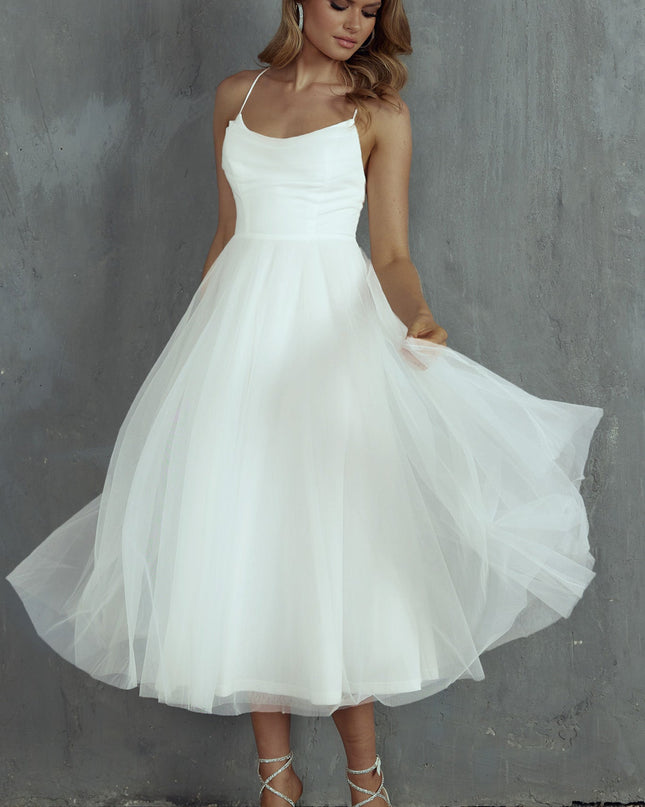 White Pleated Neckline Mesh Midi Dress