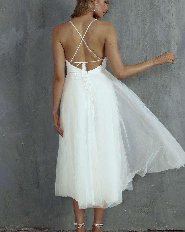 White Pleated Neckline Mesh Midi Dress