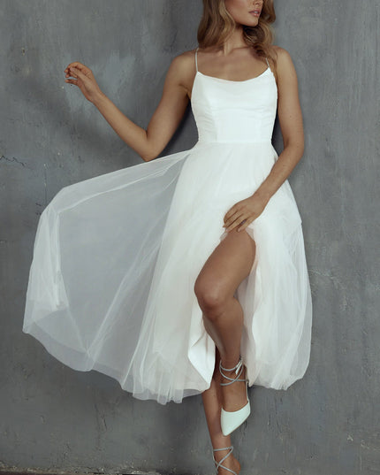 White Pleated Neckline Mesh Midi Dress