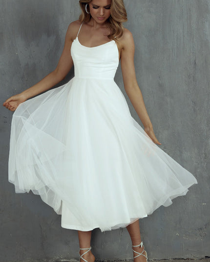 White Pleated Neckline Mesh Midi Dress