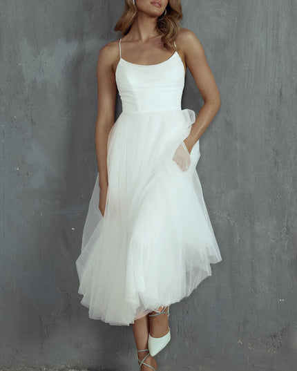 White Pleated Neckline Mesh Midi Dress