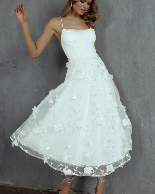 White Pleated Neckline Mesh Midi Dress Embellished