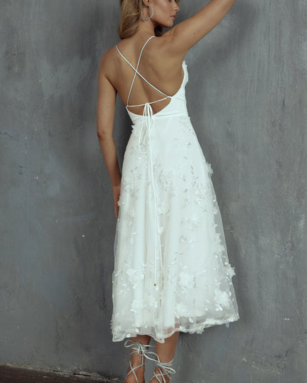 White Pleated Neckline Mesh Midi Dress Embellished