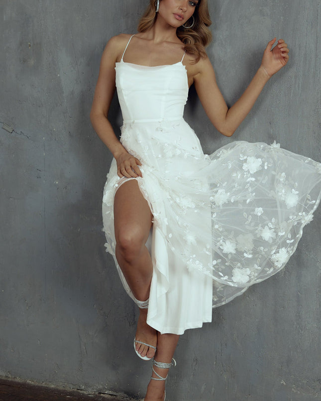 White Pleated Neckline Mesh Midi Dress Embellished