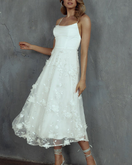 White Pleated Neckline Mesh Midi Dress Embellished