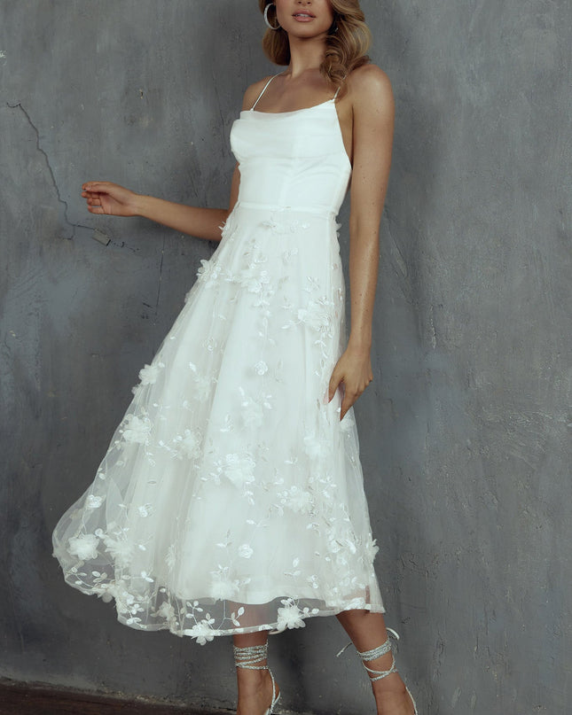 White Pleated Neckline Mesh Midi Dress Embellished
