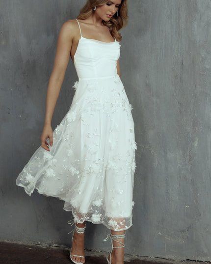 White Pleated Neckline Mesh Midi Dress Embellished
