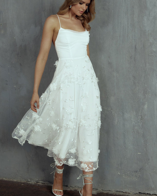 White Pleated Neckline Mesh Midi Dress Embellished