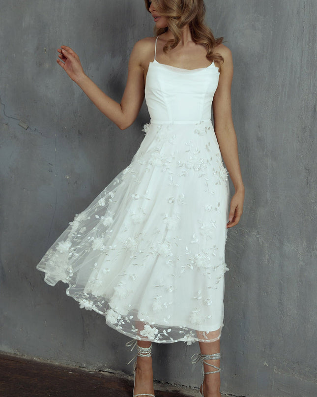 White Pleated Neckline Mesh Midi Dress Embellished