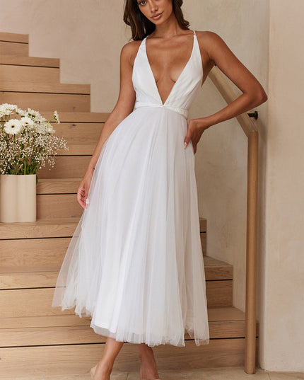 White Plunging Neckline Mesh Overlay Midi Dress