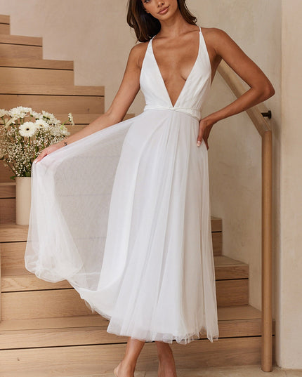 White Plunging Neckline Mesh Overlay Midi Dress