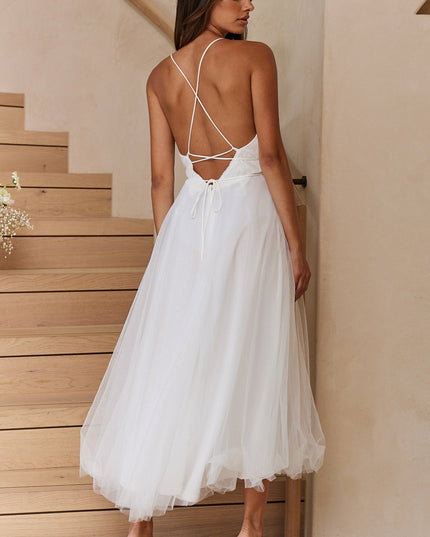 White Plunging Neckline Mesh Overlay Midi Dress