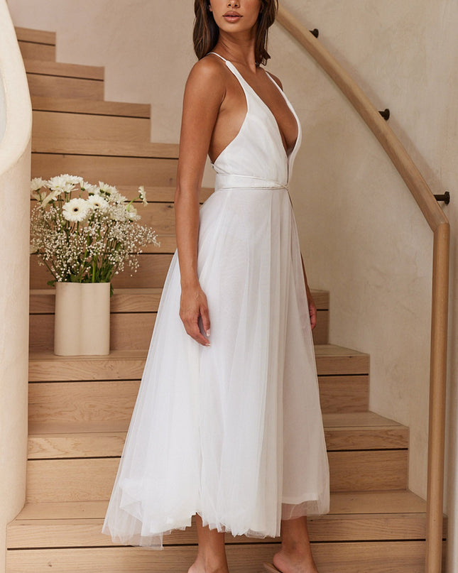 White Plunging Neckline Mesh Overlay Midi Dress