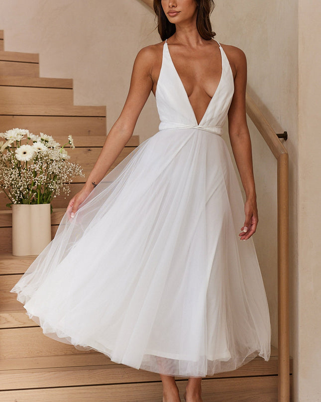 White Plunging Neckline Mesh Overlay Midi Dress