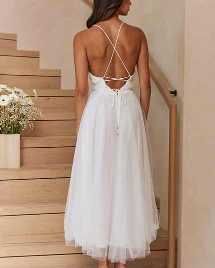 White Plunging Neckline Mesh Overlay Midi Dress