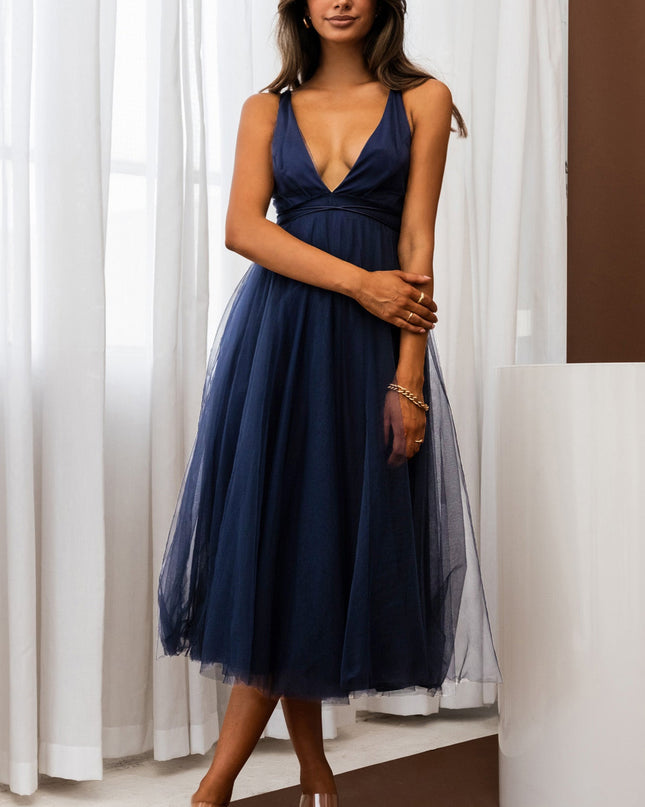 Navy Plunging Neckline Mesh Overlay Midi Dress
