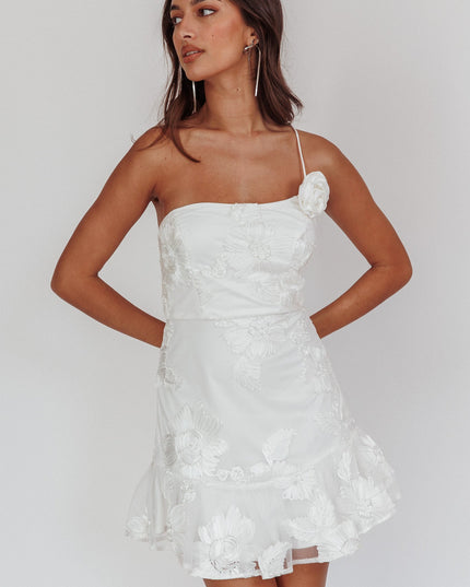 White One-Shoulder Embellished Rosette Dress