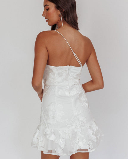 White One-Shoulder Embellished Rosette Dress