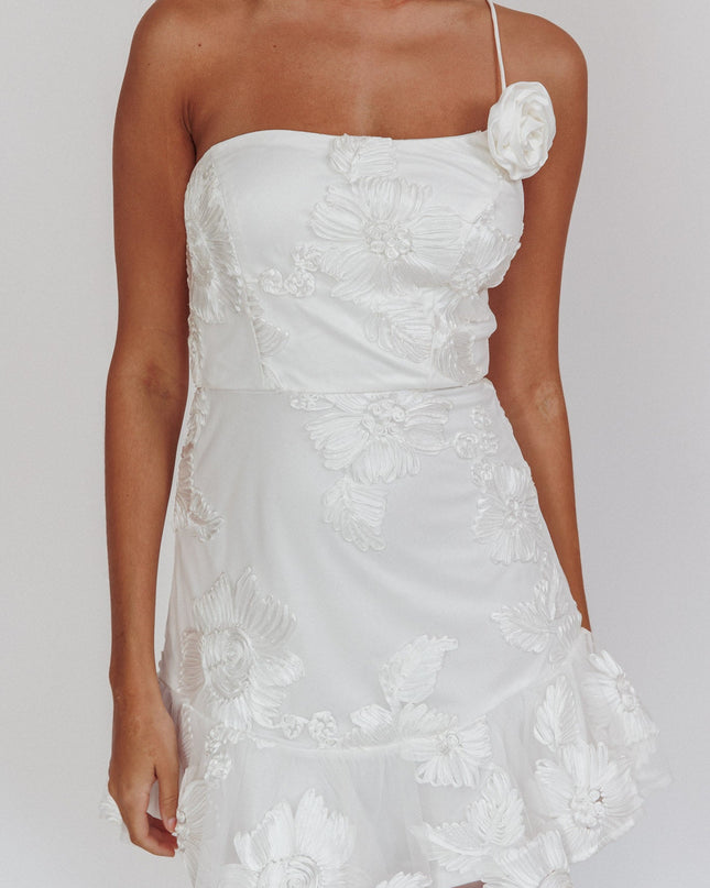 White One-Shoulder Embellished Rosette Dress