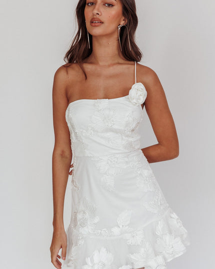 White One-Shoulder Embellished Rosette Dress