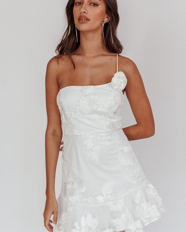 White One-Shoulder Embellished Rosette Dress