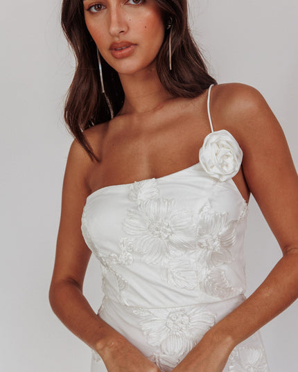 White One-Shoulder Embellished Rosette Dress