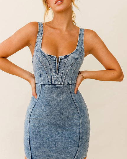 Washed Blue Wide Strap Bodycon Mini Dress