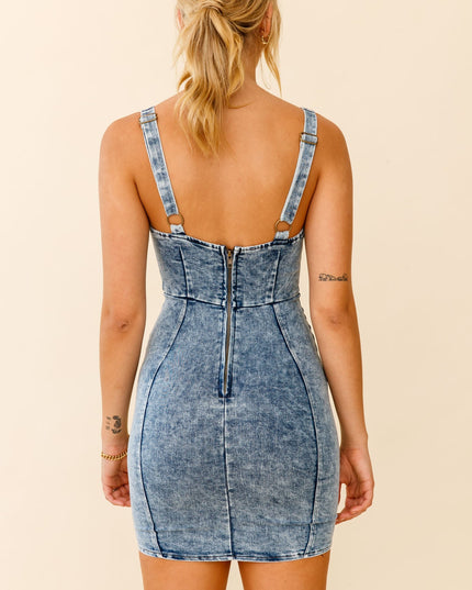 Washed Blue Wide Strap Bodycon Mini Dress