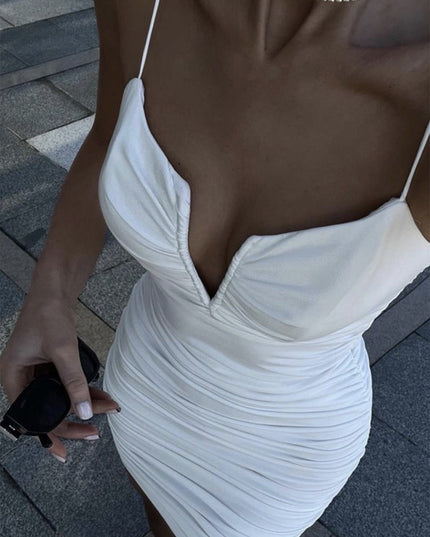 White Cami Strap Deep V-Neckline Ruched Mini Dress