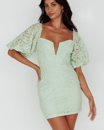 Sage Puff Sleeve Deep V-Neckline Lace Mini Dress