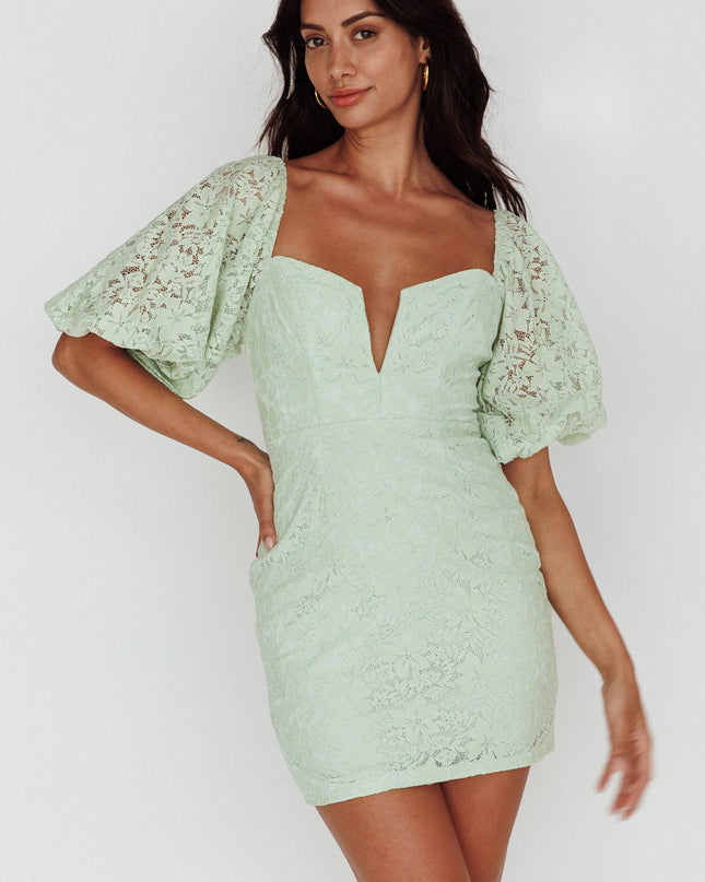 Sage Puff Sleeve Deep V-Neckline Lace Mini Dress