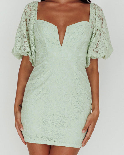 Sage Puff Sleeve Deep V-Neckline Lace Mini Dress