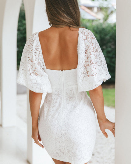 White Puff Sleeve Deep V-Neckline Lace Mini Dress