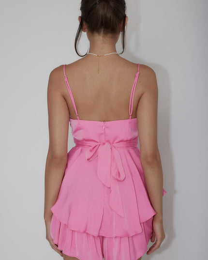Hot Pink Cowl Neck Flounce Romper