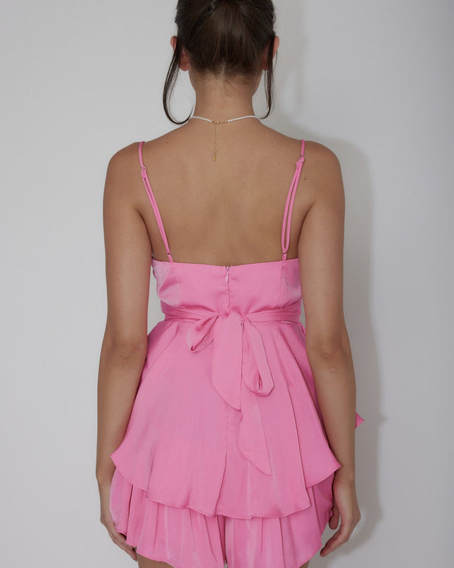 Hot Pink Cowl Neck Flounce Romper