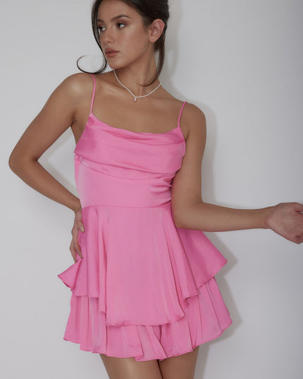 Hot Pink Cowl Neck Flounce Romper