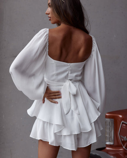 White Long Sleeve Flounce Romper