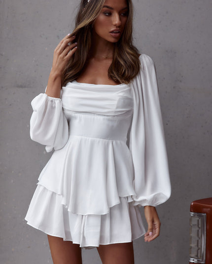 White Long Sleeve Flounce Romper