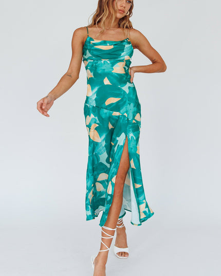 Green Pleated Bust Front Split Dress Flora