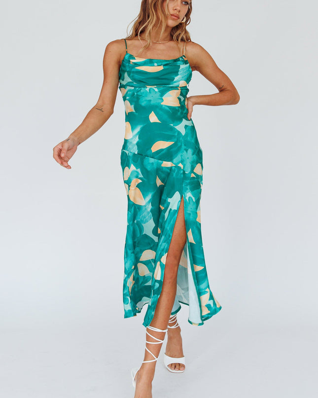 Green Pleated Bust Front Split Dress Flora